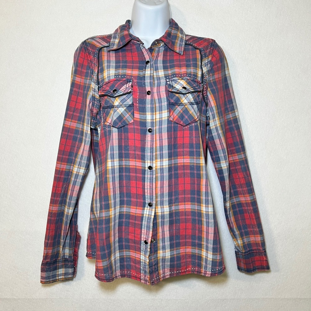 BKE Eased Plaid Y2K Country Western Button Down Shirt Contrast Stitch Women S